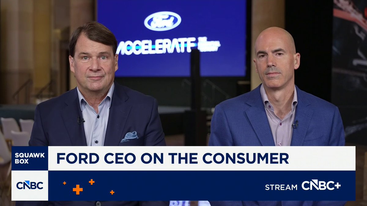 CNBC's Squawk Box segment features Ford CEO Jim Farley alongside another executive, with a chyron reading "FORD CEO ON THE CONSUMER" and the Ford "Accelerate" branding displayed on a screen behind them. The accompanying quote about the skilled labor force shortage directly reflects the on-air discussion shown in the broadcast.