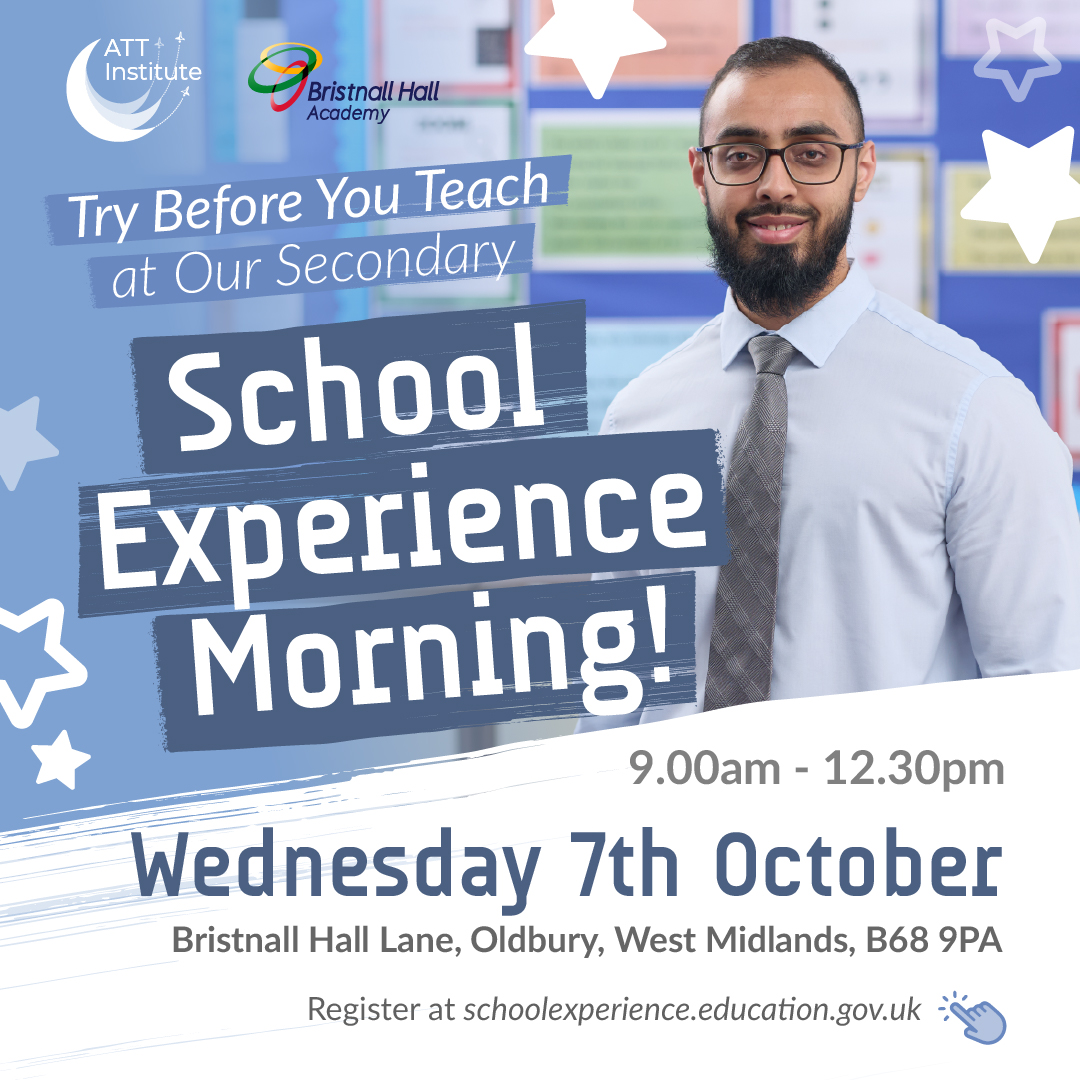 ATTInstitute's tweet photo. 📢 One week to go until our School Experience Morning at @BHallAcademy! ✈️
Thinking about teaching? See it in action, meet trainees &amp; staff, &amp; gain a real insight into life in the classroom.
Register now: https://t.co/Le48rl4L7k
#TransformingPD #ITT #TrainToTeach #GetIntoTeaching https://t.co/GvuF4Z3wzJ