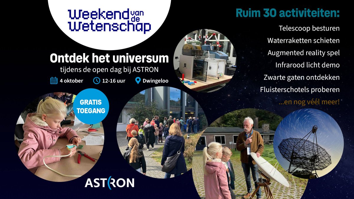 radiotelescoop's tweet photo. Zondag 4 oktober, zijn wij onderdeel van de Open Dag van @ASTRON_NL. Met een pulsar in de telescoop, een nieuwe kleine telescoop, waterraketten, een Morse-workshop en nog veel meer! Wees welkom, de open dag is van 12:00-16:00, zie https://t.co/2cXH8vxeaa #weekendvandewetenschap https://t.co/ubdKe4tfGK