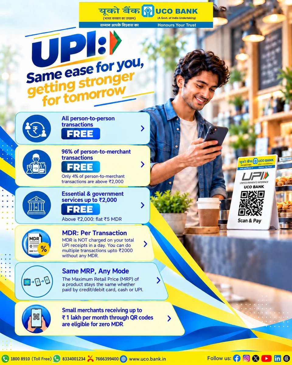 UCOBankOfficial's tweet photo. UPI continues to make everyday payments simple. With the latest MDR guidelines, knowing how different transaction categories are treated can help make things even clearer.

#UCOBank #UPIPayments #DigitalPayments #UPI #MDR #UCOgoesDigita https://t.co/OVlW6MAiuj