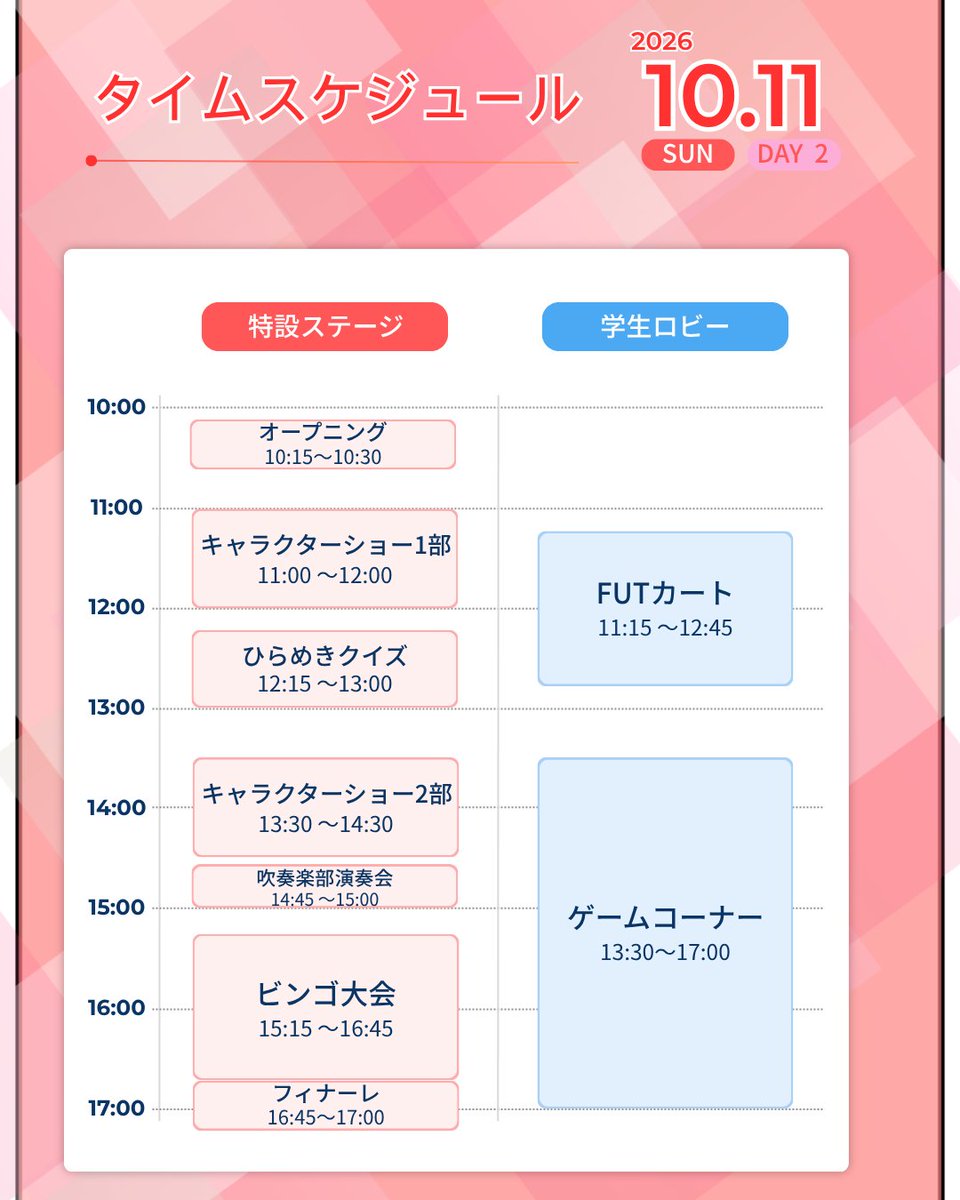 fut_gaku's tweet photo. 第63回福井工業大学大学祭
<2日目 タイムスケジュール紹介>

10月11日(日)のタイムスケジュールを公開！

キャラクターショーや応援団吹奏楽部による演奏会、豪華景品が当たるビンゴ大会を行います！

ぜひお越しください！！

@FUT_kouhou 
@KEI_NEWS_STAND 
#タイムスケジュール紹介 https://t.co/f17FyePT5Y