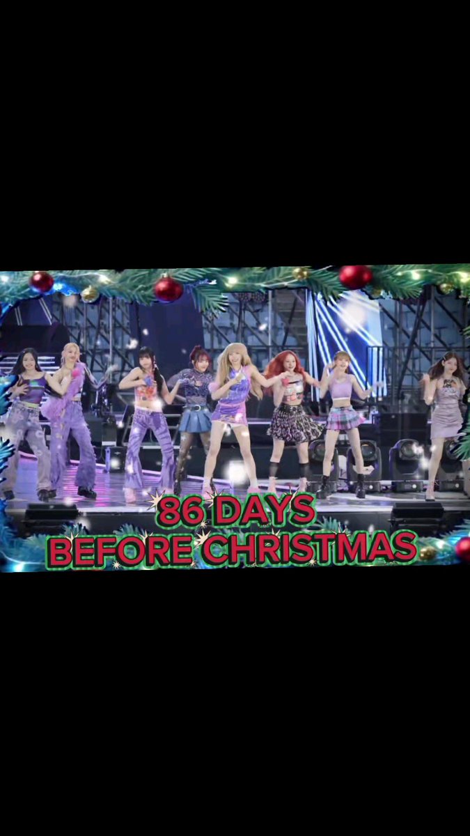 A K-pop girl group performs on stage in colorful outfits, with festive Christmas border graphics and text reading "86 DAYS BEFORE CHRISTMAS".