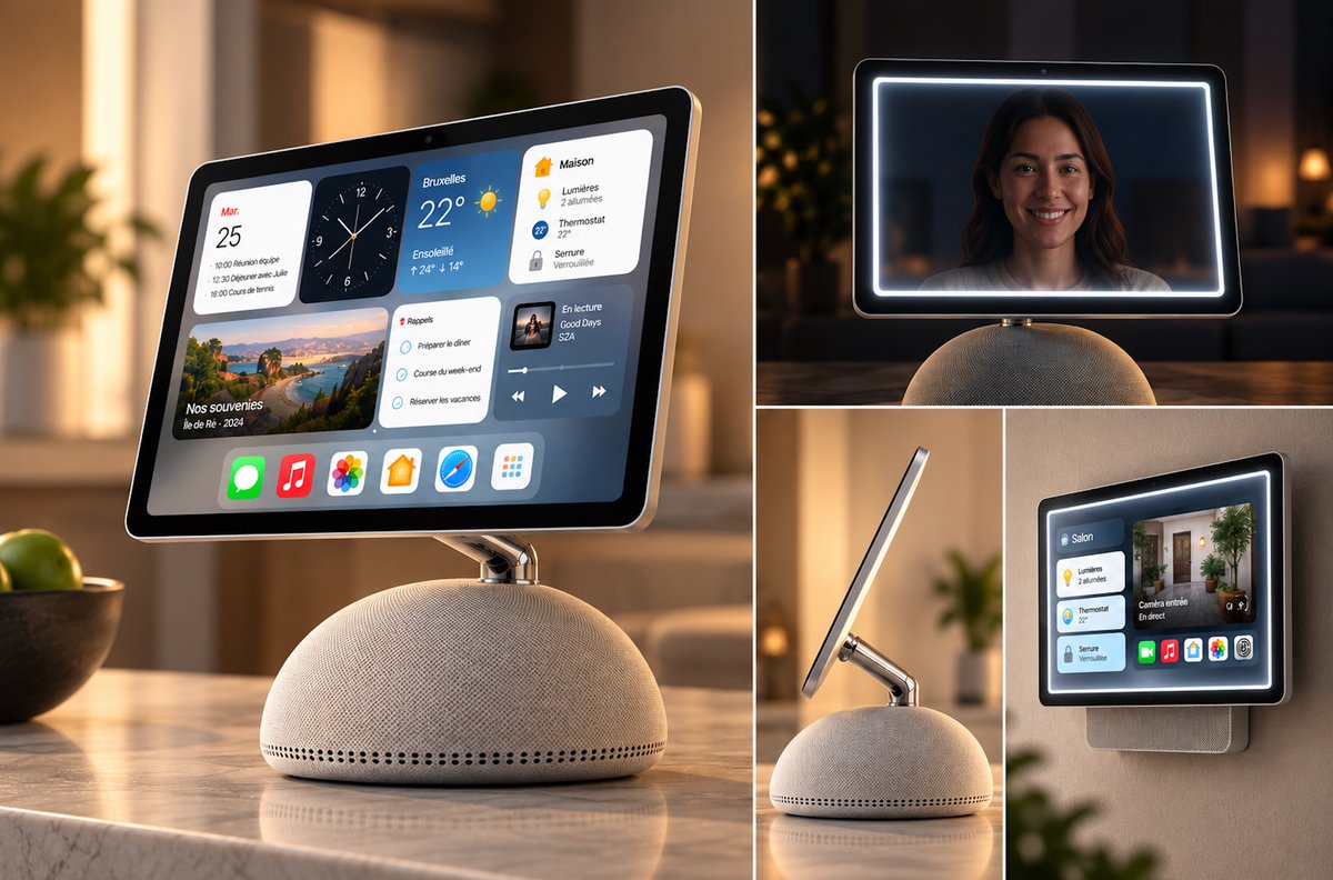 Apple_Geek_Actu's tweet photo. ✨🔥 Le Home Hub d’Apple se précise avec une tonne d'infos !

Voici les principales nouveautés :  

⚙️ Hardware : 

📱 Écran d’environ 6", et aussi fin qu’un iPhone 
🌻 Design inspiré de l'iMac G4 "tournesol" 
🔊 Base ronde avec haut-parleurs et microphones intégrés 
📹 Caméra FaceTime frontale 
↕️ Écran inclinable manuellement 
🔌 Pas de batterie : alimentation permanente en USB-C 🧱 Une seconde version murale serait prévue  

🧠 Software & fonctions : 

👤 Reconnaissance de chaque membre du foyer par la voix et le visage 
🔄 Interface qui s’adapte automatiquement : messages, calendrier, contacts, notes, apps… 
🔒 Mode invité pour masquer les infos personnelles 
📱 Possibilité de demander une authentification via l’iPhone 
🌙 Dans le noir, un anneau blanc virtuel autour de l’écran éclairerait le visage pour faciliter la reconnaissance 
🏠 Contrôle des lumières, thermostats, serrures et autres accessoires connectés 
📞 FaceTime, interphone, musique, photos iCloud, vidéos, recettes de cuisine,....  

Apple voudrait clairement en faire le véritable centre de contrôle familial de la maison, avec l’idée d’en avoir même plusieurs répartis dans différentes pièces.  

🤔 Avec toutes ces nouvelles infos, vous êtes hypés  ?  

Source :@markgurman