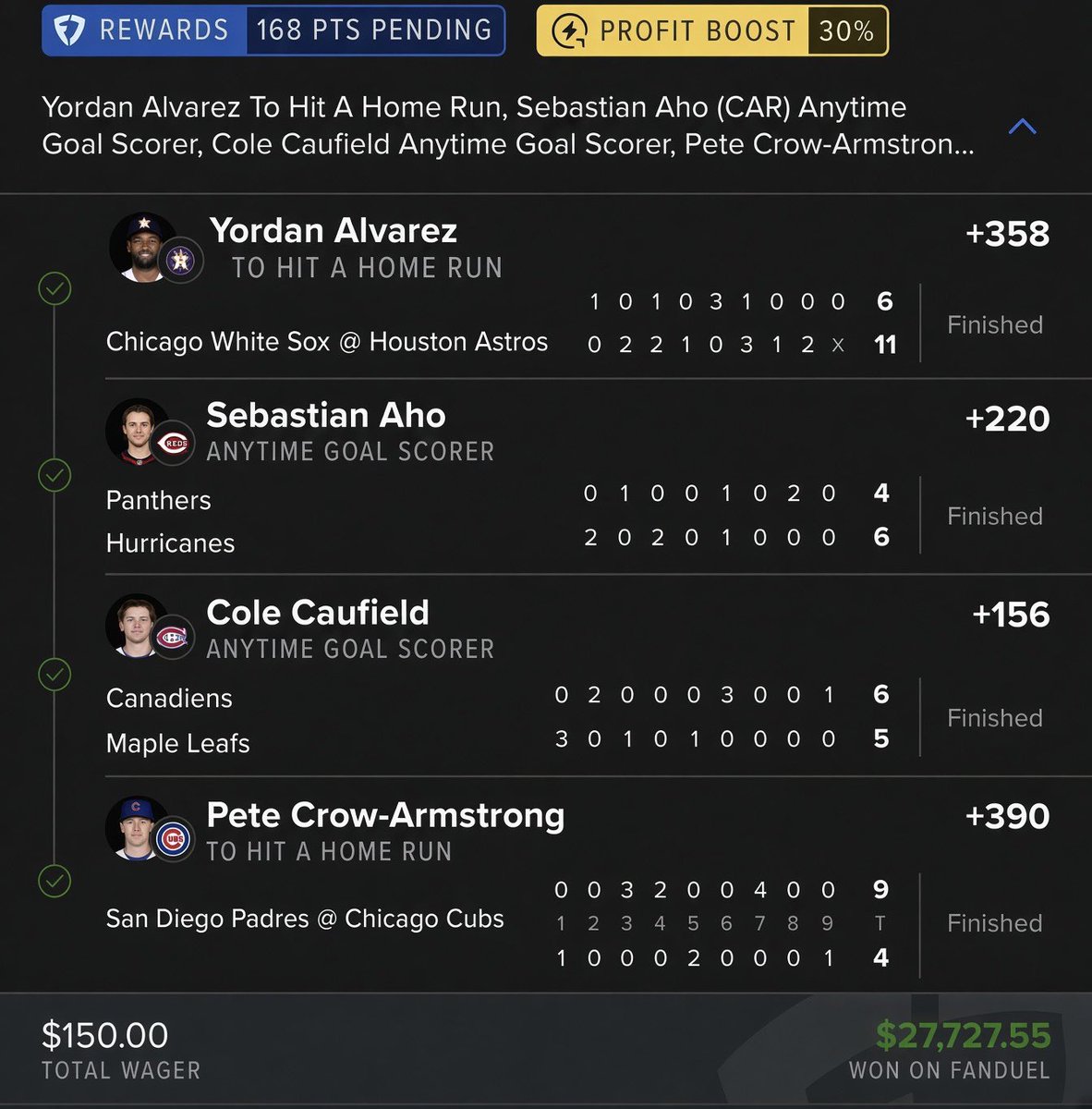FcSlips's tweet photo. 4-leg cashed.

2 HRs. 2 goals. $27k.

That’s the ticket.
@Playbook https://t.co/ms0wjLQLzx