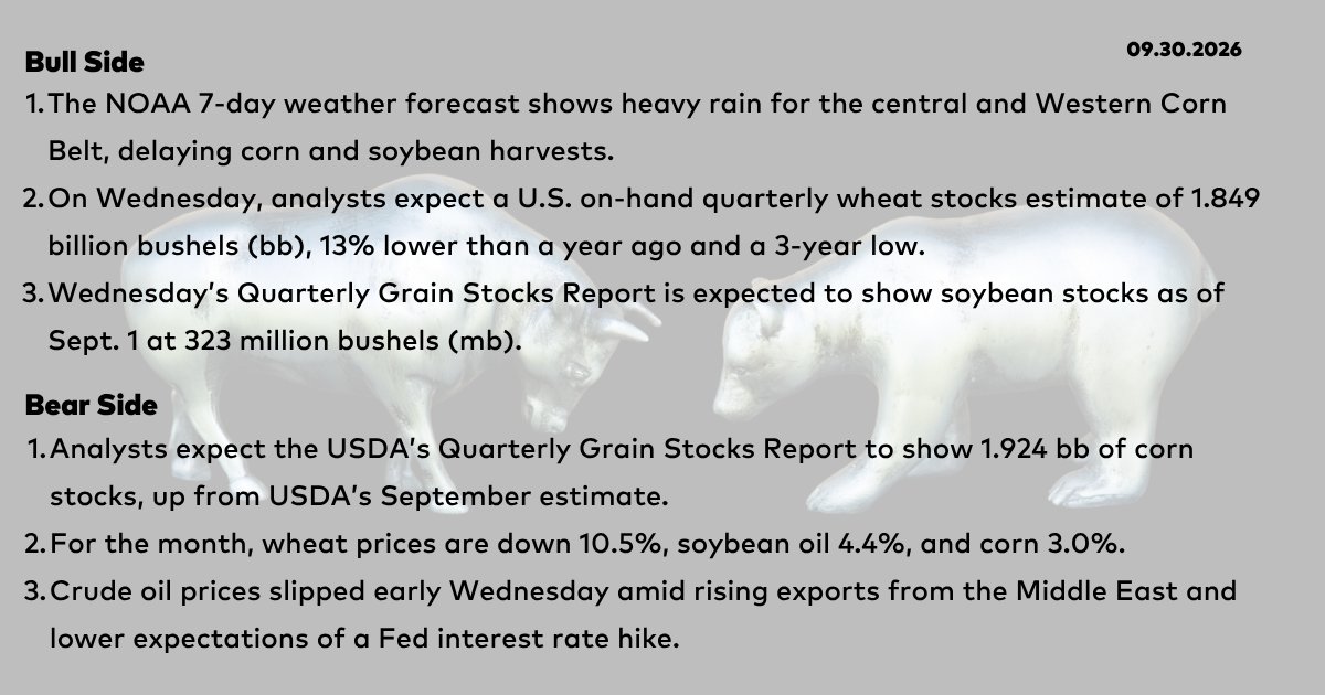 DTNMarkets's tweet photo. 09/30 - Bull and Bear from the Early Word Grains commentary with Mike McGinnis, DTN Contributing Analyst.
#corn #soybeans #wheat #EWG #grains #BullAndBear #DTNBullAndBear https://t.co/s2ToXNfsag