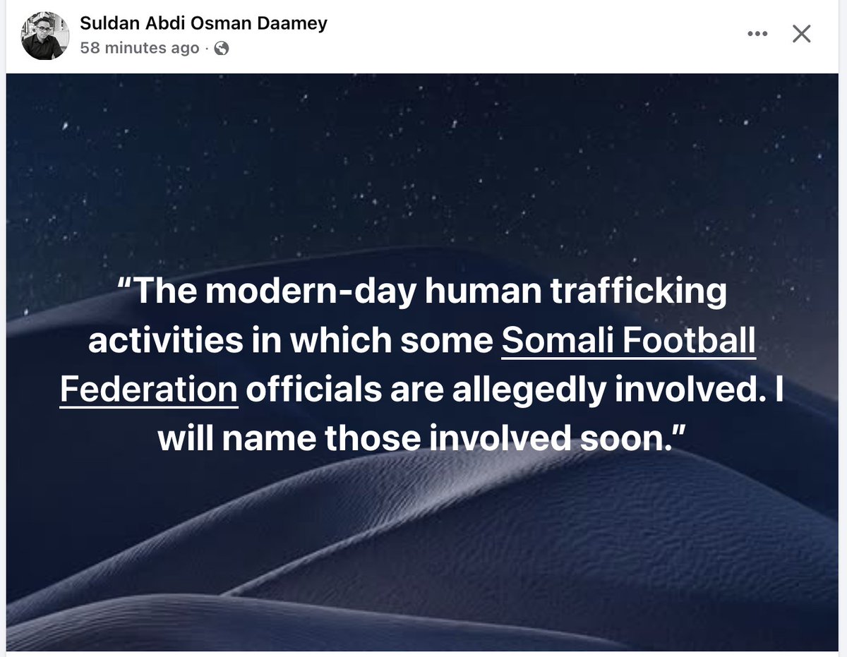 DeeqAfrika's tweet photo. This is extremely serious. Allegations of human trafficking connected to Somali Football Federation officials must be independently investigated.

The SFF’s role should be to develop Somali football and create pathways for players, coaches and referees...never to enable tahriib or profit from it.

The UK/EU already spend millions on tackling irregular migration and human trafficking across the Horn of Africa. The EU’s Better Migration Management programme alone spends $50M across the region, including Somalia. International Partnerships

These allegations deserve the attention of the relevant Somali authorities and international partners.
Full transparency. Full accountability.