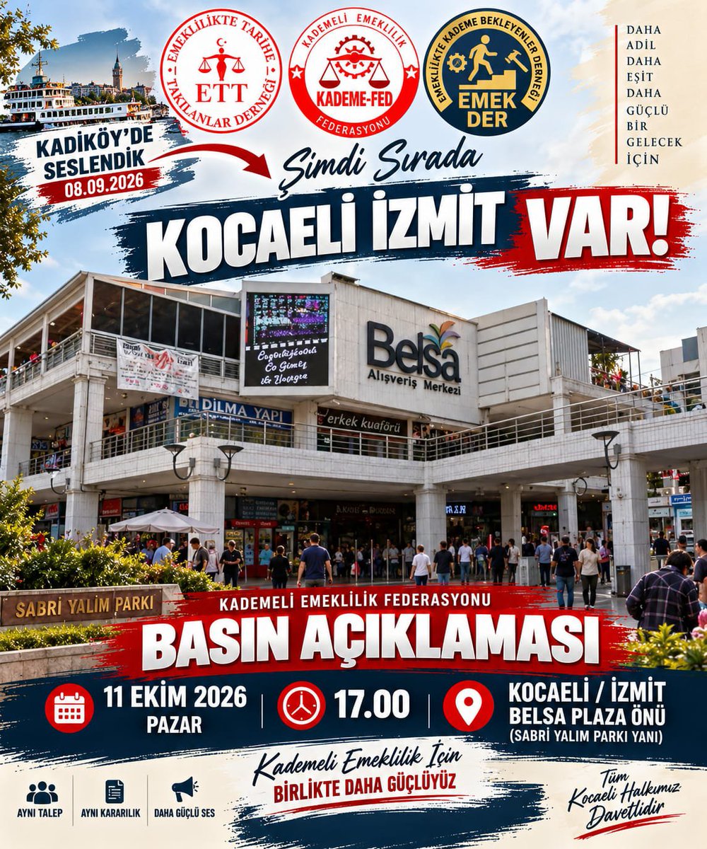 basri_akgu52088's tweet photo. 🌟 Kocaeli’den güçlü bir buluşma!
11 Ekim Pazar günü saat 17.00’de Sabri Yalım Parkı’nda kademeli emeklilik için yapacağımız basın açıklamasına tüm Kocaeli halkını bekliyoruz...
@KademeFed @EmekDerResmi @ETTDER1999 #KademeHakkımız https://t.co/kzEKiBQ5TT