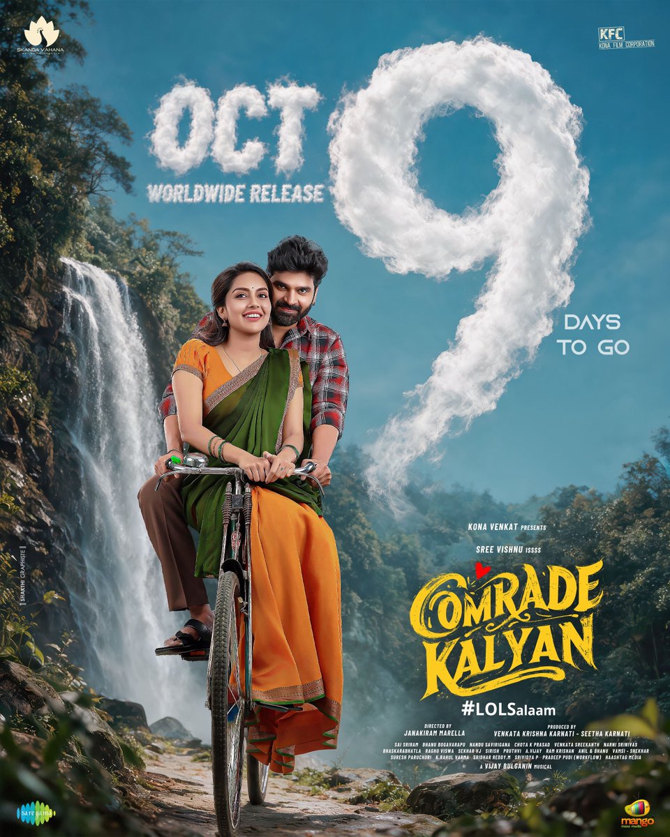 rameshlaus's tweet photo. 9️⃣ DAYS TO GO for the ultimate romantic-comedy Entertainer #ComradeKalyan
IN WORLDWIDE THEATRES FROM OCTOBER 9TH ❤️🔥
#LOLSalaam
@sreevishnuoffl @Mahima_Nambiar @realradikaa @konavenkat99 #JanakiRamMarella https://t.co/2c28XVS9wh
