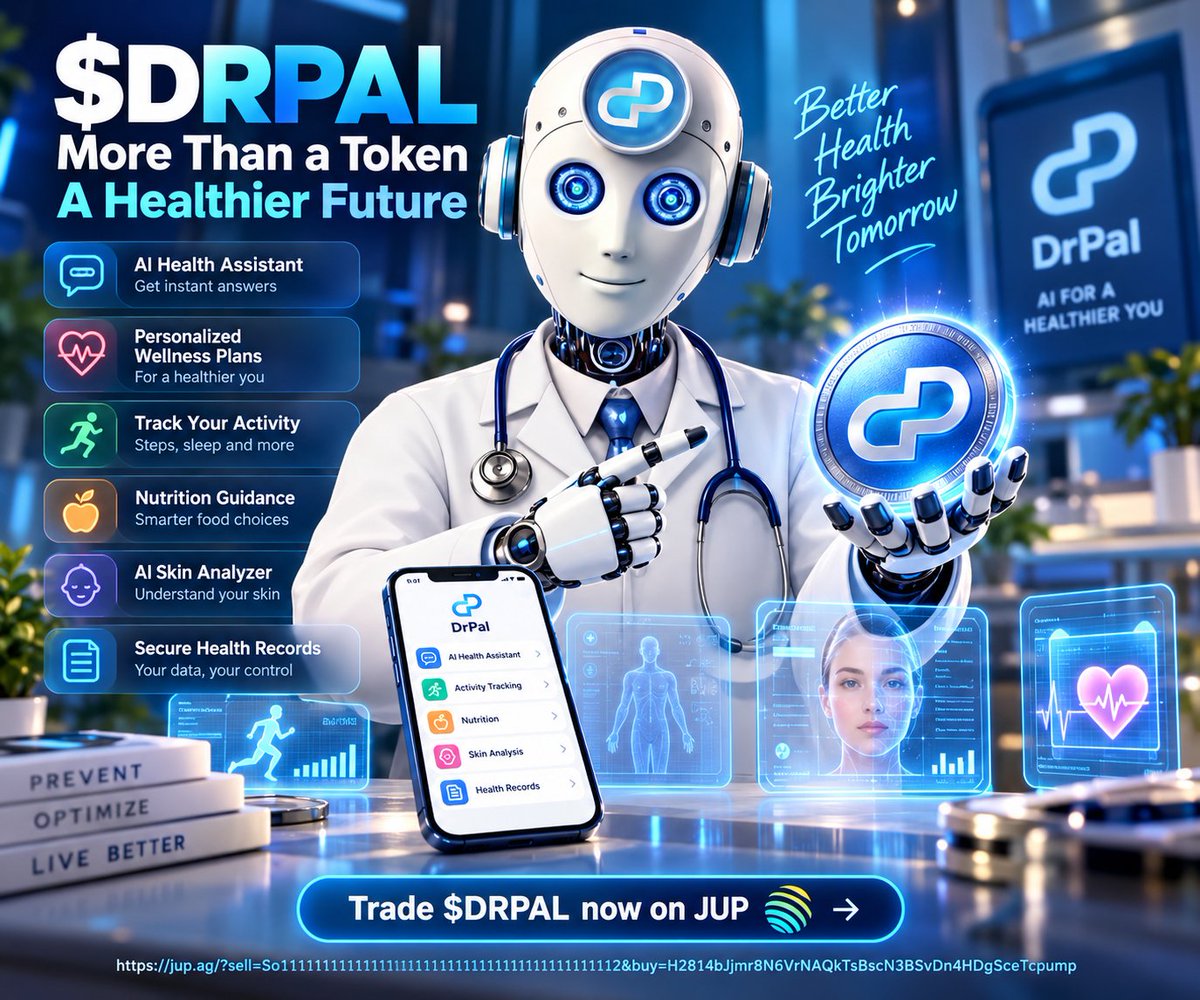 DrPAL_ai's tweet photo. $DRPAL is more than a token — it’s the gateway to an AI-powered health ecosystem. 🤖🩺

AI health assistance. Personalized wellness. Nutrition. Activity tracking. Skin analysis. Secure health tools — all connected through one vision.

Better Health. Smarter Technology. One Ecosystem.

Trade $DRPAL on JUP: https://t.co/WeSCVDcqUw

#DrPal #DRPAL #AIHealthcare #Solana #Web3Health