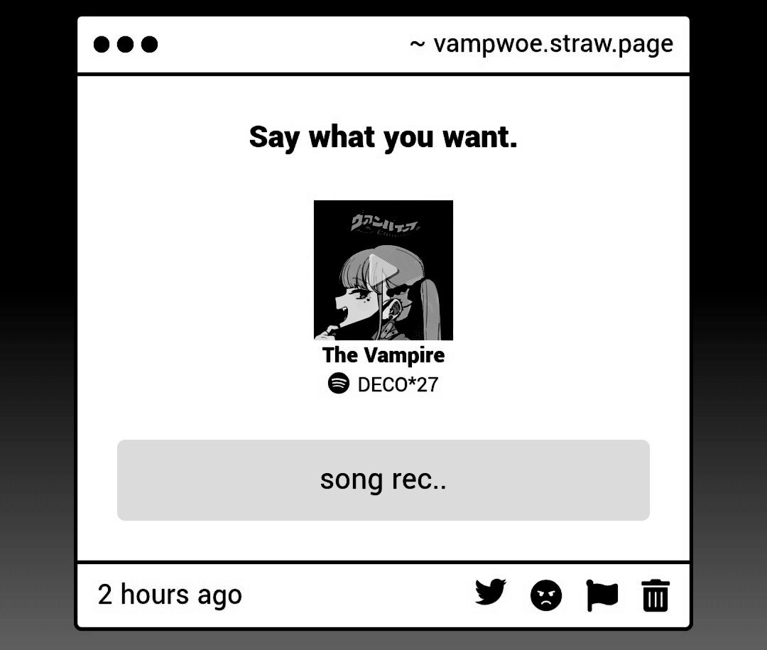 vampiivel's tweet photo. –  Hi.  ^_^!

– Awh,  I know this.  Thank you!  I actually really like that song.  DECO*27.  🖤🖤🖤🖤 https://t.co/Lh9CFF7v6Z