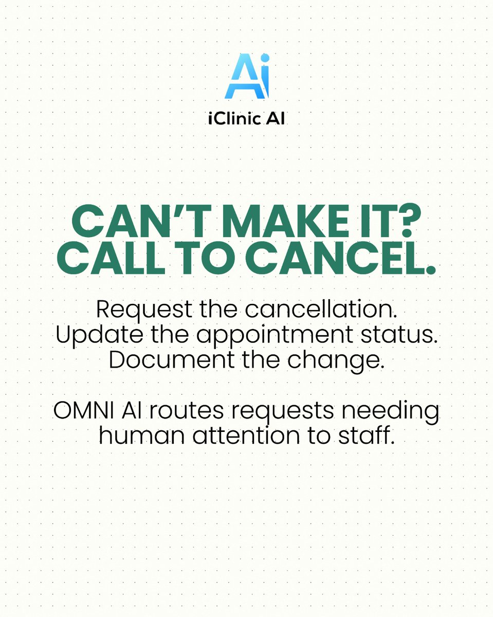 iclinic_'s tweet photo. Three common appointment calls. Three tasks your front desk handles throughout the day.

OMNI AI supports booking, rescheduling, and cancellations over the phone, with documentation in the connected EHR workflow and staff routing when needed.
.
.
#iClinicAI #PatientScheduling https://t.co/0lzb9amkJ9