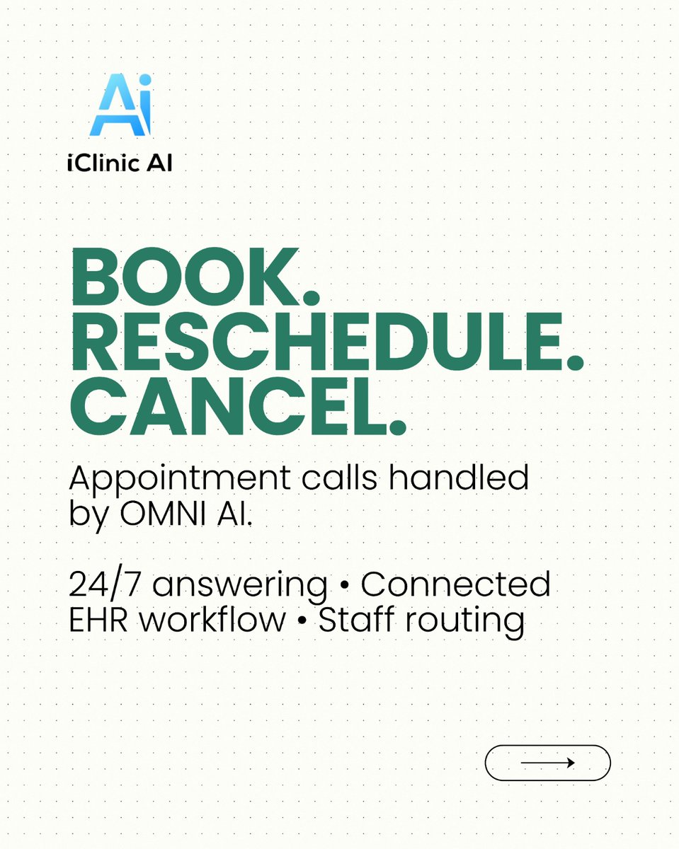 iclinic_'s tweet photo. Three common appointment calls. Three tasks your front desk handles throughout the day.

OMNI AI supports booking, rescheduling, and cancellations over the phone, with documentation in the connected EHR workflow and staff routing when needed.
.
.
#iClinicAI #PatientScheduling https://t.co/0lzb9amkJ9