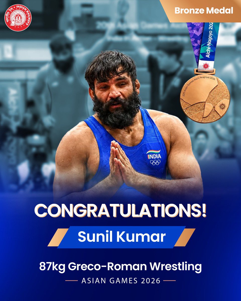 RailMinIndia's tweet photo. Bronze for India! 🥉🇮🇳

Congratulations to Sunil Kumar on winning the Bronze Medal in 87kg Greco-Roman Wrestling.
A proud member of the Indian Railways family, bringing immense honor to the nation!
#AsianGames2026 https://t.co/WhXYTdU8Ui