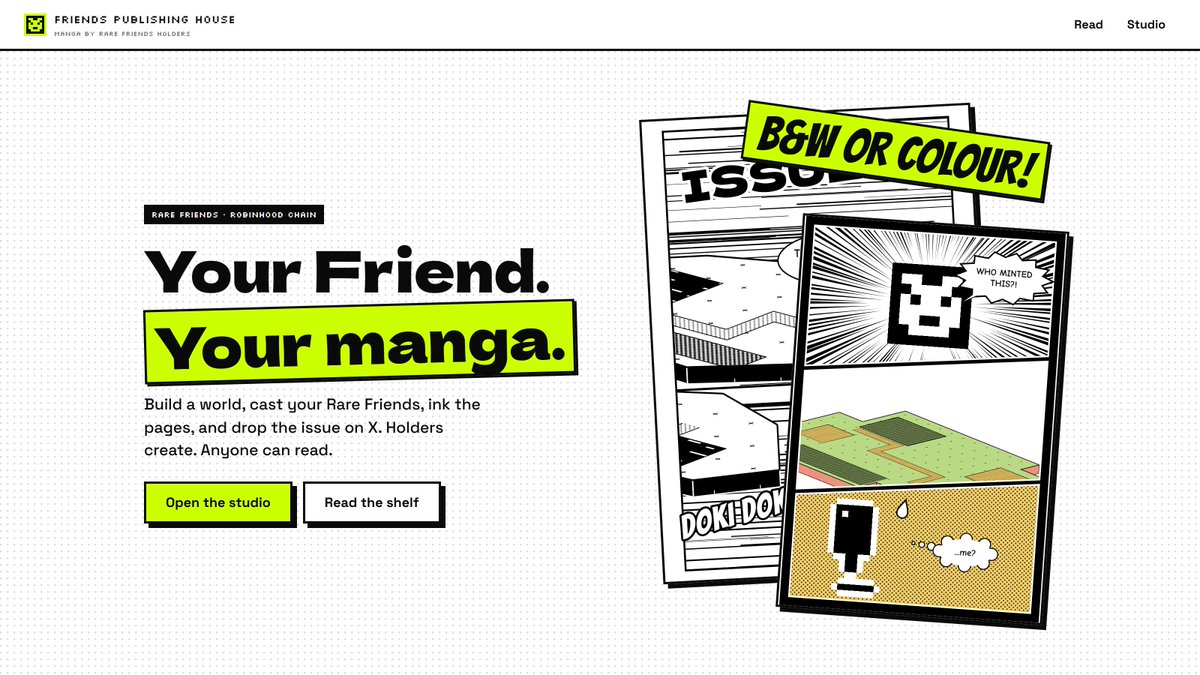 huntclubhero's tweet photo. Shipped 4 builds for the @RareFriends vibeathon. all live, all open source, all built around your Friend.

I think the last one was my favourite, you decide yours.

1. Rare Friends Cards + Meme Machine

- Paste a wallet or ENS, get a live stat card for your whole portfolio: earning Friends, claimable, pending, APR. then slap your Friend onto 20+ real meme templates. rarefriends own Share button once pointed here, hopefully it does again.

live: https://t.co/z5z2njHbFw
code: https://t.co/gRbbt8QmvT

2. The First Bank of Friends

- Walk into a pixel bank with your Friend. sign once, the desk swing trades RF/WETH for you, claim any time with a receipt. the 5% swap toll feeds every activated Friend, so every Friend who joins makes every trade cheaper. simulated for now, strict swing trader, not a money printer.

live: https://t.co/b62dJ4GUzm
code: https://t.co/KFdbxeTjOk

3. Pirate Friends

- Cannon battle on FriendSDK. load your Generations as ammo, sink their ship, keep their whole hold. every shot fired gets burned. three captains and Bess talks a lot of trash.

live: https://t.co/zLyoM32WAf
code: https://t.co/aZXv4hTJ9P

4. Friends Publishing House

- A manga studio for holders. build a world with FriendSDK, cast your Friends, write the panels in colour or black and white, publish, share. anyone can read, holders create. issue #1 "The GM Heist" is up
live: https://t.co/0VgOPJX0Cp
code: https://t.co/csLhaG7sJG

go play with them, break them, tell me what to build next. gm Friends