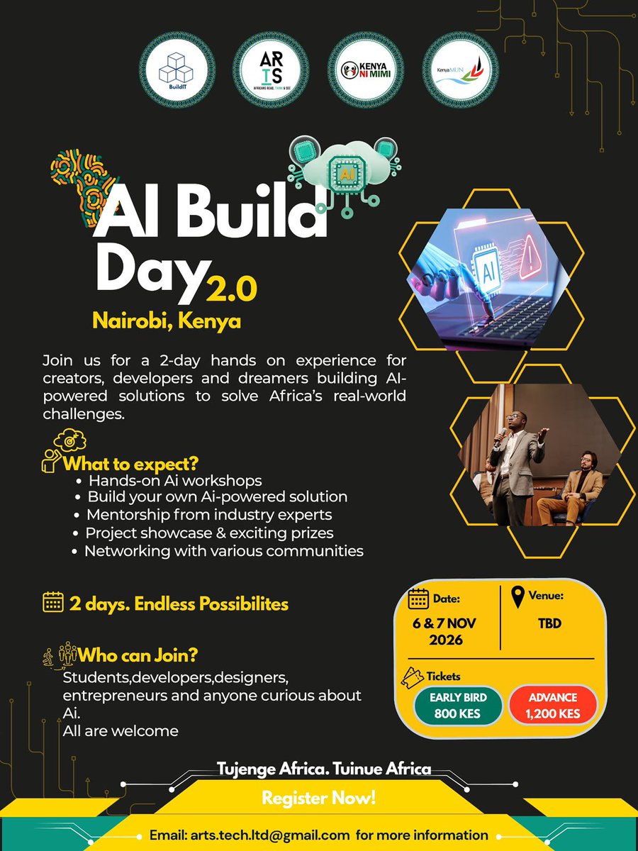 KeNiMimiYouth's tweet photo. Build Africa’s AI future in two days.
Join Kenya Ni Mimi, ARTS, BuildIT & KenyaMUN for AI Build Day 2.0 in Nairobi, 6–7 Nov.
Build, learn, pitch and connect.
Tickets: https://t.co/LQBmlyr7hc
#AIBuild #Ai https://t.co/8mWL0cOhIi
