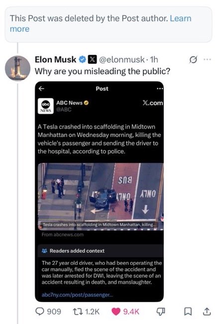 DeepLeaksHQ's tweet photo. BREAKING: ABC just DELETED their tweet after they were ratioed into oblivion, community noted and called out by @elonmusk directly for trying to deceive the public about a drunk driver who crashed her Tesla

This is how it’s done!

They aren’t used to accountability. The lying from the fake news legacy media doesn’t work anymore!