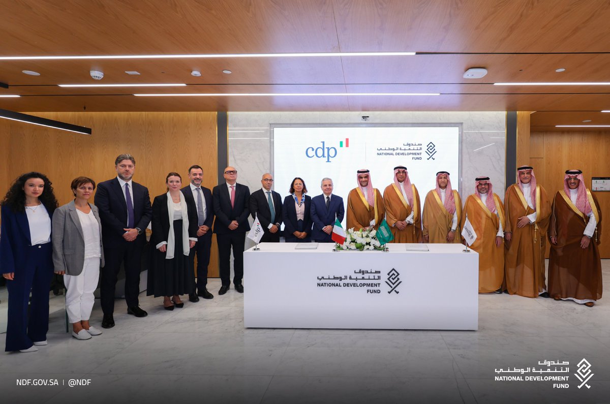 NDF's tweet photo. H.E. Abdulaziz bin Abdulrahman Al-Arifi, Governor of the National Development Fund, and Mr. Dario Scannapieco, CEO of Italy’s Cassa Depositi e Prestiti(CDP), signed a memorandum of understanding to strengthen development cooperation and establish a framework for collaboration in development financing and investment