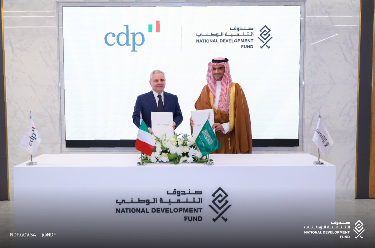 NDF's tweet photo. H.E. Abdulaziz bin Abdulrahman Al-Arifi, Governor of the National Development Fund, and Mr. Dario Scannapieco, CEO of Italy’s Cassa Depositi e Prestiti(CDP), signed a memorandum of understanding to strengthen development cooperation and establish a framework for collaboration in development financing and investment