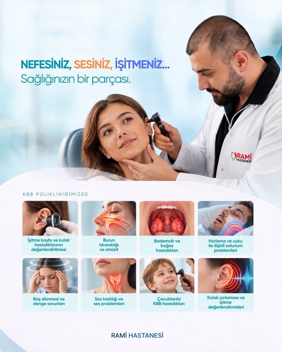 RamiHastane's tweet photo. Kulak, Burun ve Boğaz (KBB) sağlığınız, günlük yaşam kalitenizi doğrudan etkiler.

KBB Polikliniğimizde;

• İşitme kaybı ve kulak hastalıkları
• Burun tıkanıklığı ve sinüzit
• Bademcik ve boğaz hastalıkları
• Horlama ve uyku ile ilişkili solunum problemleri
• Baş dönmesi ve denge sorunları
• Ses kısıklığı ve ses problemleri
• Çocuklarda KBB hastalıkları
• Kulak çınlaması ve işitme sorunları

gibi pek çok sağlık sorununun değerlendirilmesi gerçekleştirilmektedir.

Sağlığınızdan gelen sinyalleri önemseyin. Erken değerlendirme, doğru tanı ve uygun tedavi sürecinin ilk adımıdır.

📍@ramihastanesi

#ramihastanesi #kbb #kulakburunboğaz #işitmesağlığı #sinüzit