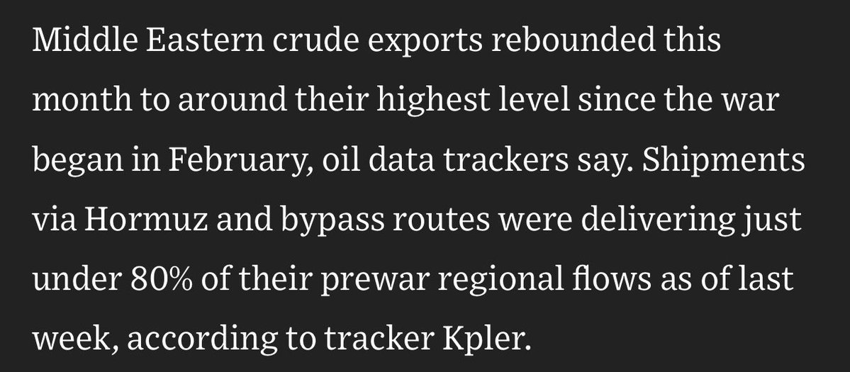 TXMCtrades's tweet photo. Kpler data shows flows are about 80% restored, per WSJ

The Strait isn't fully open, but oil is flowing across the region at increasing levels. https://t.co/rx2yXknTfu