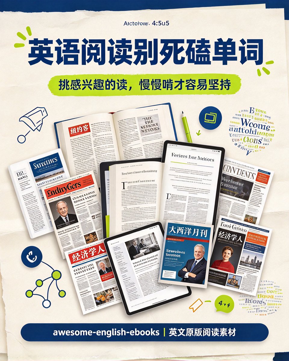 Huahuazo's tweet photo. 英语阅读别死磕单词，挑感兴趣的读。

GitHub 上的 awesome-english-ebooks，收罗了不少英文原版阅读素材。

《纽约客》《连线》《大西洋月刊》《经济学人》这些都有，科技、商业、时事、人物故事基本都翻得到。

EPUB、PDF、MOBI 等格式也给齐了，下下来就能看，仓库还在持续更新。

想涨英文阅读量的，与其天天机械刷题，不如选一篇自己真感兴趣的慢慢啃。
🔗 https://t.co/AQhlhH5joL