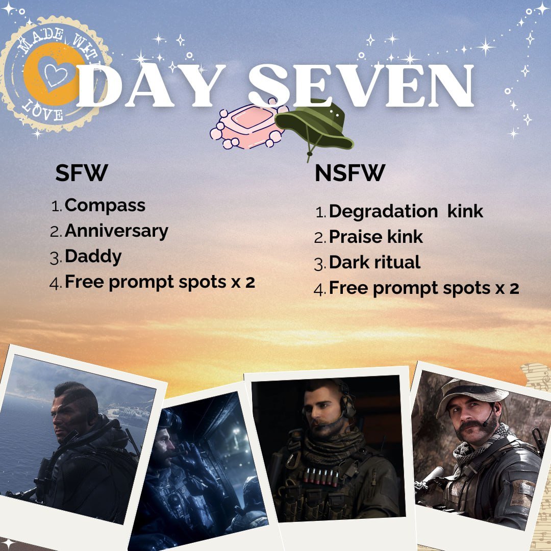 pricesoapweek's tweet photo. Last day! ❤️
- Compass, anniversary, Daddy, Free prompt spots x 2

-Degradation kink, Praise kink, Dark ritual, Free prompt spots x 2 https://t.co/F3hidzQT1c