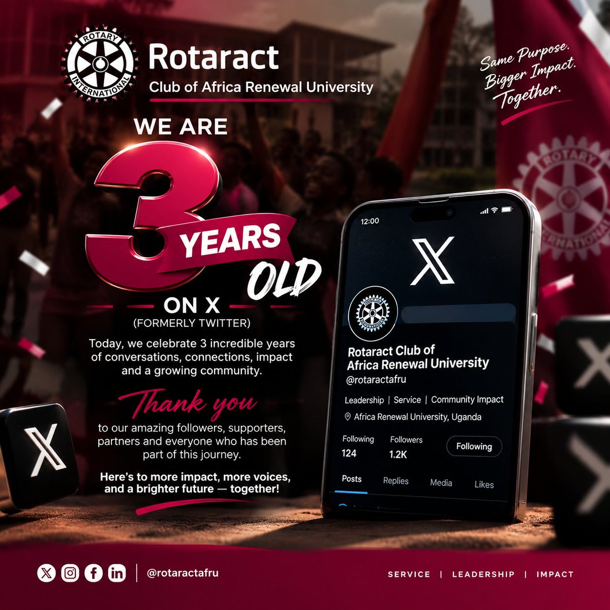 RotaractAfRU's tweet photo. We are 3 years Old here today! 😊🥰🎉

#MyXAnniversary | #UniteForGood | #RotaractLegacy https://t.co/xnAlbLmwDA