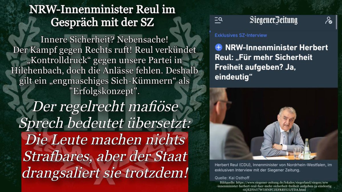 IIIWeg_SP_SS's tweet photo. Herbert Reul im Gespräch mit der SZ – Staatliche Drangsalierung von Bürgern als politisches Werkzeug

Übersetzt bedeutet ein „engmaschiges Sich-Kümmern“: Die Leute machen nichts Strafbares, aber der Staat drangsaliert sie trotzdem!

#Repression #Überwachung https://t.co/A1IQlbZhoU