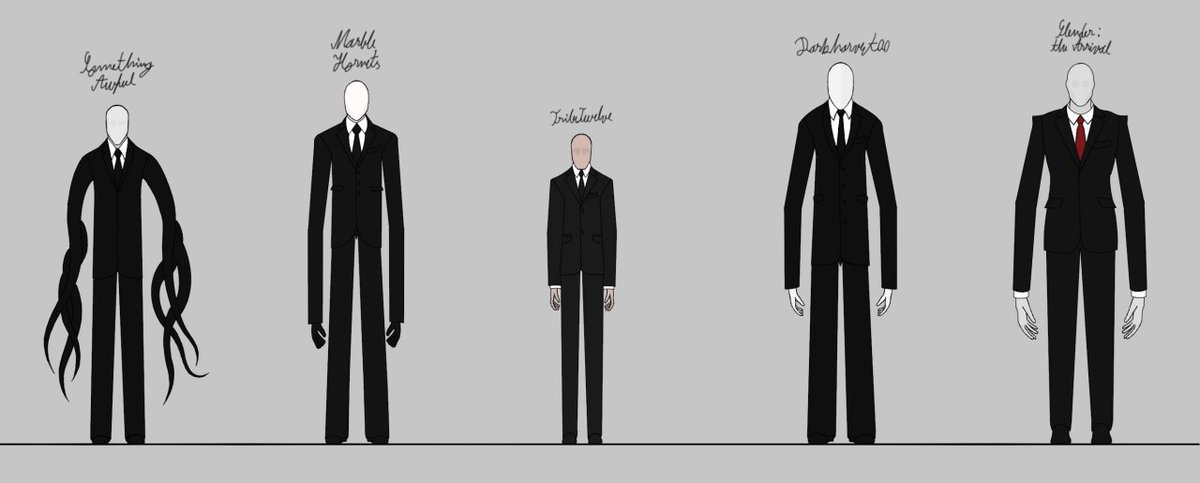 Madman_Marzipan's tweet photo. I always love these kinds of comparative showcase of how the different Slendermen differ from each other, even amongst the unofficial variants. https://t.co/u1QfL4fBlm