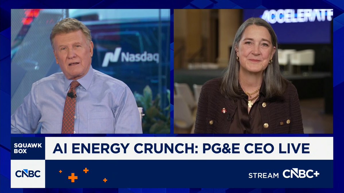 A CNBC Squawk Box interview features PG&E CEO Patti Poppe being interviewed remotely, with the chyron reading "AI ENERGY CRUNCH: PG&E CEO LIVE." The segment highlights Poppe's comments on AI-driven electricity demand driving grid growth for the first time in decades.