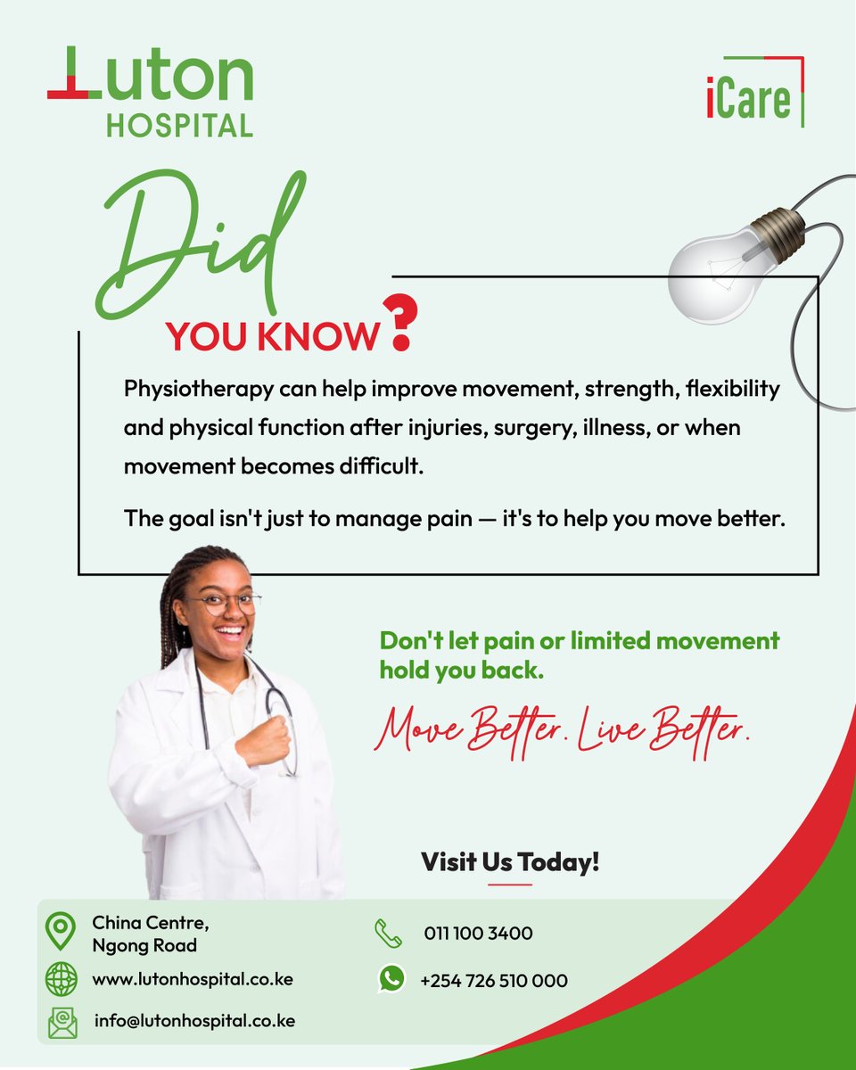 LutonHospital's tweet photo. Physiotherapy is more than pain relief &amp; can help improve movement, strength, flexibility, recovery, and physical function after injury, surgery, illness, or mobility challenges.
Move better. Live better.

Call: 0111003400
WhatsApp: +254 726 510 000

#LutonHospital #Physiotherapy https://t.co/rTXsS9R3YO