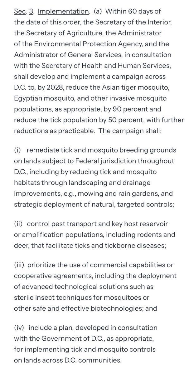 ZachBIsrael's tweet photo. Trump signed an executive order yesterday directing federal agencies to develop and implement, by November 27, a campaign across Washington, D.C. to reduce, by 2028, invasive mosquito populations by 90% &amp; tick populations by 50%: https://t.co/0FkpahWnrO @chenderson https://t.co/svmnl6zZLF