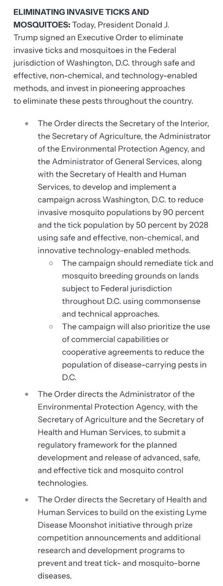ZachBIsrael's tweet photo. Trump signed an executive order yesterday directing federal agencies to develop and implement, by November 27, a campaign across Washington, D.C. to reduce, by 2028, invasive mosquito populations by 90% &amp; tick populations by 50%: https://t.co/0FkpahWnrO @chenderson https://t.co/svmnl6zZLF