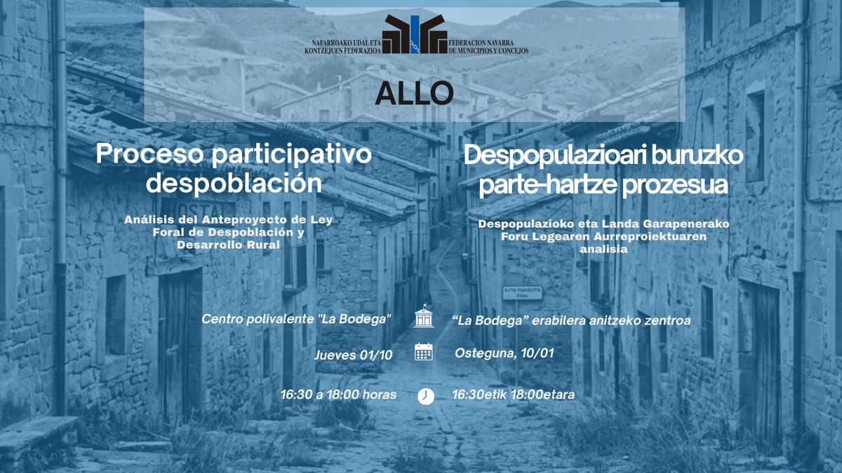 FNMC_NUKF's tweet photo. 📍Este jueves 1 de octubre el proceso participativo sobre despoblación de la @FNMC_NUKF llega a #Allo
Seguimos escuchando a las entidades locales y recogiendo propuestas para mejorar el Anteproyecto y sus futuros desarrollos
👉Sesión abierta a representantes locales
¡Participa! https://t.co/mBWo1z0RUu