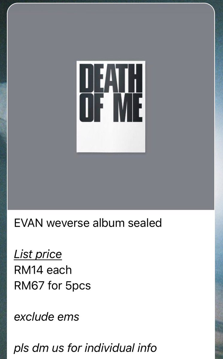 sherrylaa_'s tweet photo. if any π²πΎ interested to purchase #EVAN weverse album, may contact me via dm π₯°
or join my channel telegram :)
#pasarEVAN #HEESEUNG EVAN HEESEUNG Death of Me https://t.co/ZTJrNXbhGI