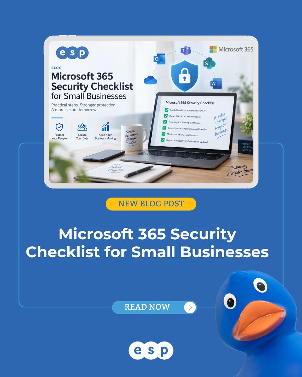 ESPProjects's tweet photo. 🔐 Is your Microsoft 365 secure enough?

Our latest blog shares a practical security checklist for small businesses, covering MFA, phishing protection, backups, access controls and more.
📖 Read here: https://t.co/ZtJxorD8KA

#Microsoft365 #CyberSecurity #ITSupport #DataSecurity https://t.co/10qtIBZThv