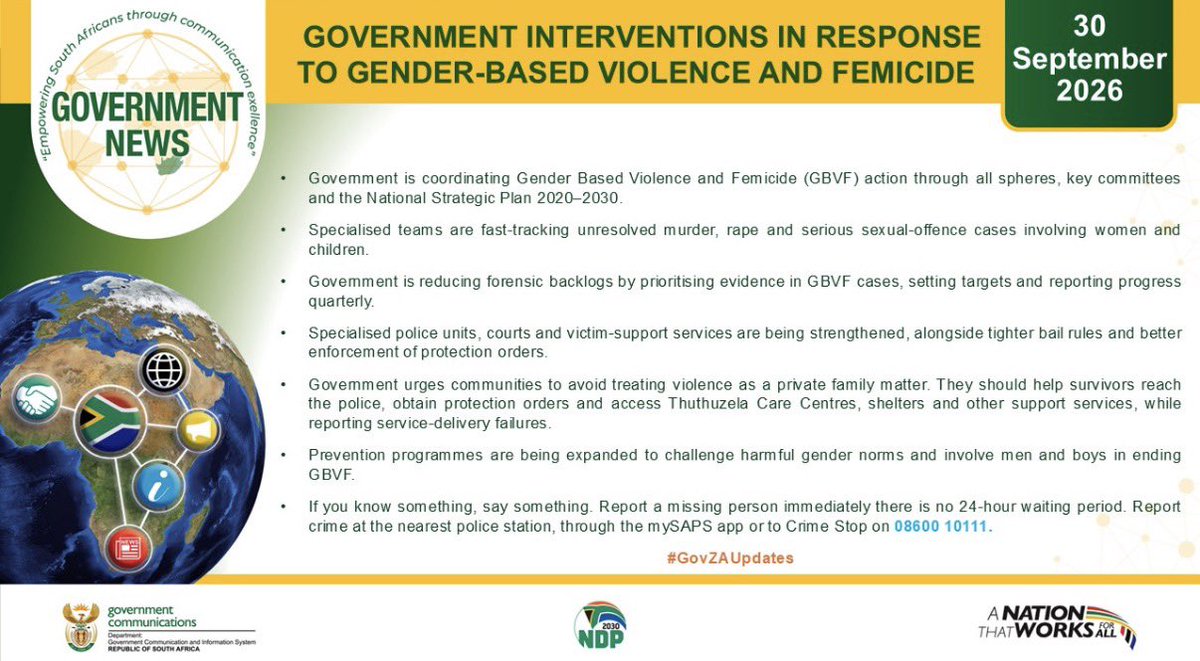 GCISMedia's tweet photo. Government urges communities to avoid treating violence as a private family matter. They should help survivors reach the police, obtain protection orders and access Thuthuzela Care Centres, shelters and other support services.

#GovZAUpdates https://t.co/wdzweuX5u5