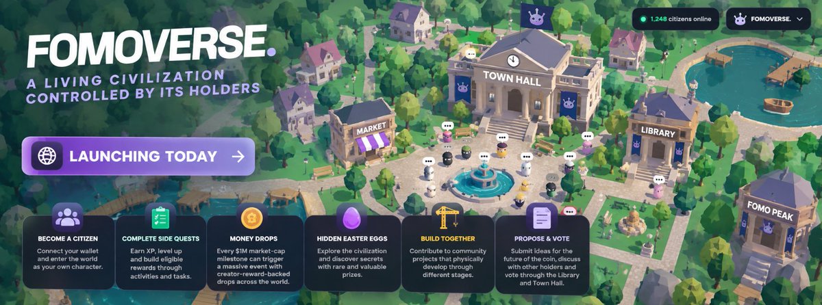 fomoverseapp's tweet photo. Fomoverse will be launching today. 🌎

Fomoverse is a living civilization built around a coin, where every holder becomes a citizen and the entire world evolves alongside the project. 

The idea is simple: Holders control the coin. Instead of holders sitting on the outside watching a chart, they become part of the civilization itself, working together to build the world, decide the future of the coin, complete side quests, discover rewards and participate in events created by the coin's growth.

Every wallet that enters Fomoverse receives its own persistent citizen. You can explore the world alongside other holders in real time, communicate through global chat, interact with other citizens, complete tasks, earn XP, level up, unlock achievements and cosmetics, climb the leaderboard and discover hidden areas throughout the civilization.

But everything inside Fomoverse is connected back to the coin.

💰 (Bagwork together, in game) Complete side quests & earn

Citizens can complete side quests and activities throughout the world to progress their character and earn eligible rewards. As the creator-reward economy comes online, those eligible rewards are designed to be redeemable against funded creator rewards through the connected reward system.

The goal is to create an actual economy around participation. Instead of creator rewards existing completely separately from the community, Fomoverse creates ways for the people actively participating in the civilization to earn from the ecosystem they're helping grow.

📈 The coin changes the world

Certain market-cap milestones will trigger events and changes directly inside Fomoverse. As the coin grows, the civilization reacts.

• Market-cap milestones can trigger world events
• New milestones can activate Money Drops
• Community achievements can progress construction
• New stages can unlock additional activities and experiences
• Future milestones can introduce entirely new events, areas and opportunities

Market cap becomes more than a number on a chart. When the coin reaches a major milestone, holders can actually experience that milestone together inside their world.

🌧️ Money Drops

Every new $1M market-cap milestone is designed to trigger one of the biggest events in Fomoverse:

• $1M MC → Money Drop
• $2M MC → Money Drop
• $3M MC → Money Drop
• $4M MC → Money Drop
• Every new $1M milestone after → another Money Drop

When one is triggered, the civilization comes alive. A countdown begins and creator-reward-backed drops rain throughout Fomoverse while citizens race around the world collecting them.

The higher the coin goes, the more milestones the civilization reaches and the more events its citizens experience together.

🥚 Hidden Easter Eggs & prizes

Fomoverse is filled with secrets. Citizens can explore the civilization looking for hidden locations, Easter eggs and rare discoveries, with selected events planned to carry much larger creator-reward-backed prizes once the live reward pool is active.

Some might be found quickly. Others could sit undiscovered for days or weeks. There won't always be an arrow telling you where to look.

Exploring the civilization is part of the game.

🏗️ Build the civilization together

Fomoverse isn't a static map that launches once and never changes. Citizens can contribute toward shared construction projects that physically progress through different stages inside the world.

As the community and coin grow, the civilization can grow with them. New buildings, new areas, new activities, new events and entirely new utilities can become part of Fomoverse over time.

The world you enter on launch day is only the beginning.

🏛️ Holders decide what comes next

The most important part of Fomoverse is giving the civilization a voice in the future of its own coin.

Through the Library and Town Hall, citizens can submit theses explaining what they believe should happen next.

• Creator-reward allocation
• Buybacks
• Burns
• Token locks
• Money Drops
• New utilities
• New community events
• New areas of Fomoverse
• New ways to reward holders
• Completely new ideas

Other holders can discuss those proposals and vote on the direction they want to see.

Winning proposals are announced through Town Hall and permanently archived so the community can see what was proposed, what holders voted for and what happens afterward. Votes don't automatically execute treasury transactions, but they give the civilization a transparent way to collectively shape the direction of the project.

🌎 Everything is connected

The coin grows → the civilization reacts.

Citizens complete side quests → citizens progress and earn.

Market-cap milestones are reached → events and Money Drops can activate.

Citizens explore → Easter eggs and rewards are discovered.

The community contributes → the civilization develops.

Holders submit ideas and vote → the future of the coin continues to evolve.

That's what makes Fomoverse different. The world isn't simply attached to the coin as a game. The world is the coin's civilization, and the holders are the people living inside it.

Fomoverse already includes a full explorable 3D world, real-time multiplayer, persistent wallet-linked citizens, global chat, daily tasks, XP and levels, achievements, leaderboards, community construction, player interactions, building interiors, dynamic weather, day/night cycles and hidden discoveries.

Immediately following the token launch, the CA will be integrated for holder verification, followed by the remaining infrastructure required before live creator-reward distributions and Money Drops are activated.
This is only the foundation. 

As the coin grows, so does its world. As the world grows, there is more for its citizens to do. And as the community grows, holders have a larger civilization to build together.

Fomoverse launches today. 🌎

A living civilization controlled by its holders.

Holders control the coin.

Soon...