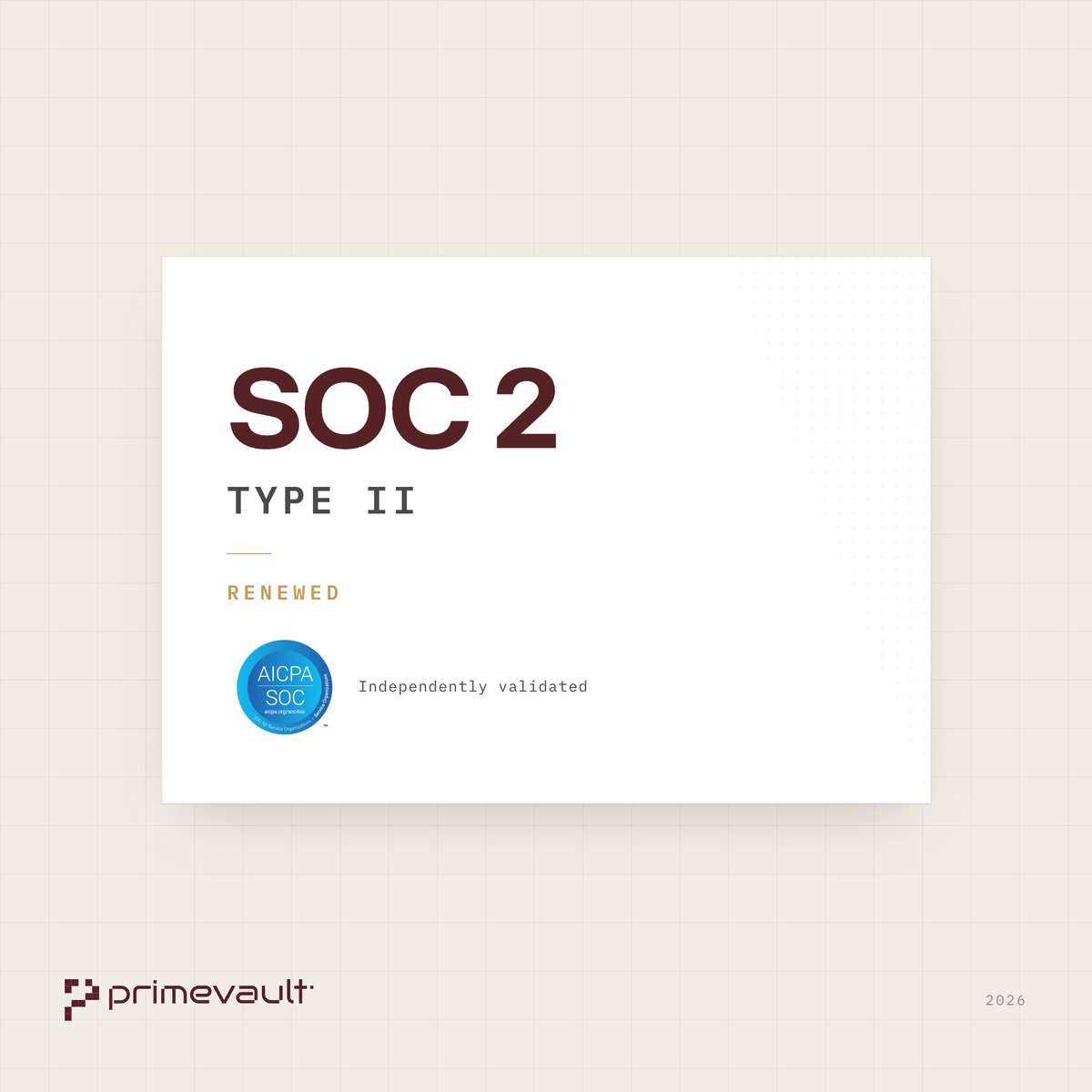 primevaultHQ's tweet photo. A question that comes up in almost every partner security review:

Do you have a SOC 2 Type II report?

Yes. And we’ve just renewed ours.

The independent audit covers all five Trust Services Criteria: Security, Availability, Confidentiality, Privacy, and Processing Integrity.

For institutions evaluating infrastructure and third-party risk, this provides assurance that the controls supporting PrimeVault are designed, implemented, and operating as intended.

Read more about what the renewal covers 👇