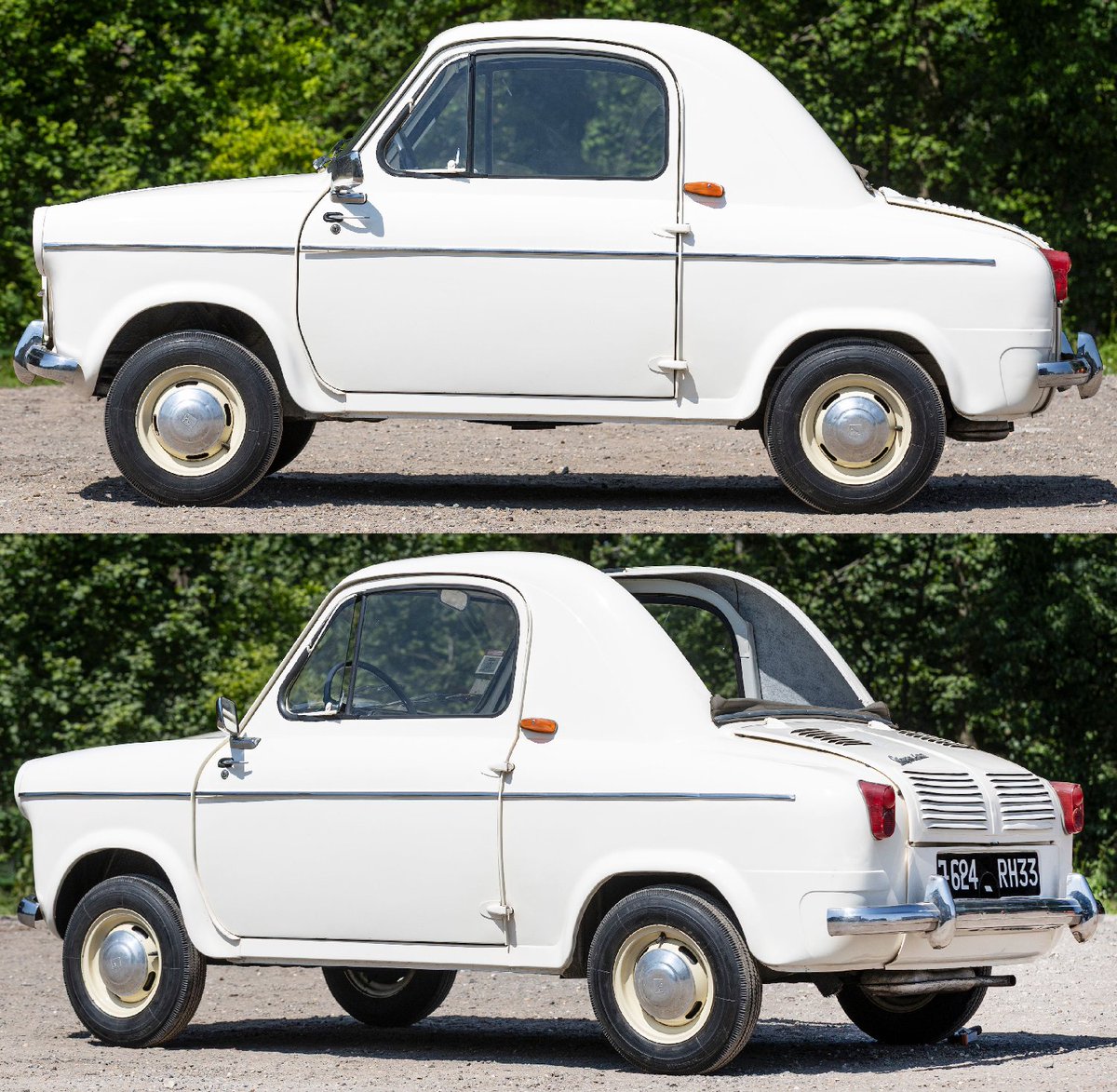 UltimativCars's tweet photo. #GoodwoodRevival2026
The #Piaggio #Vespa 400|#Vespa (1957-61) was a tiny #Italy-thought, but #France-built #Cabriolet-#Limousine & produced in 30.076 units, of which 1.7k were exported to the US.
This #white '58 #French-unit, estimated at £10-15k, was sold w/oR at only £5.175. https://t.co/AJo7z4eycb