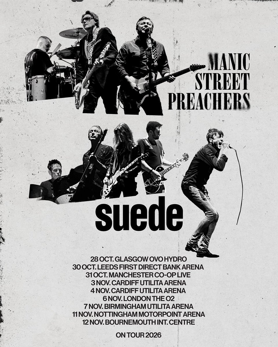 Manics's tweet photo. Manic Street Preachers and @suedeHQ, together again this autumn for a major UK arena tour.

Glasgow, Leeds, Manchester, Cardiff, London, Birmingham, Nottingham and Bournemouth.

Tickets are on sale now: https://t.co/4mDcV6S6ae https://t.co/bligCmFleT