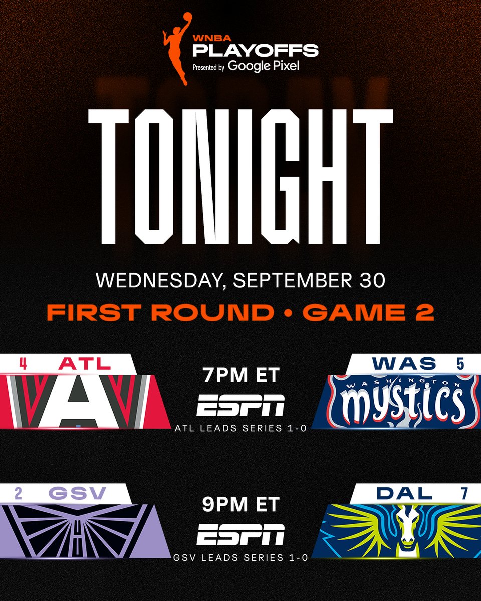 TWO MORE GAME 2s TONIGHT.
🍿 ATL, GSV eye Semis berth
🍿 WAS, DAL look to force Game 3
Action tips at 7:00pm/et on ESPN!