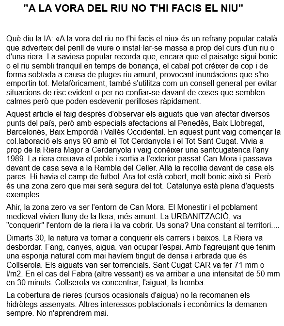mauri_francesc's tweet photo. "A la vora del riu, no t'hi facis el niu". 
Imatges de la zona de Can Mora a St. Cugat del Vallès. Imatges de @tvsantcugat 
Reflexions d'aquesta i les inundacions en general, sense citar en cap moment "Canvi Climàtic" o "Escalfament Global". @oikia @renovemnos @risknat_ub https://t.co/fCtio82Q0y