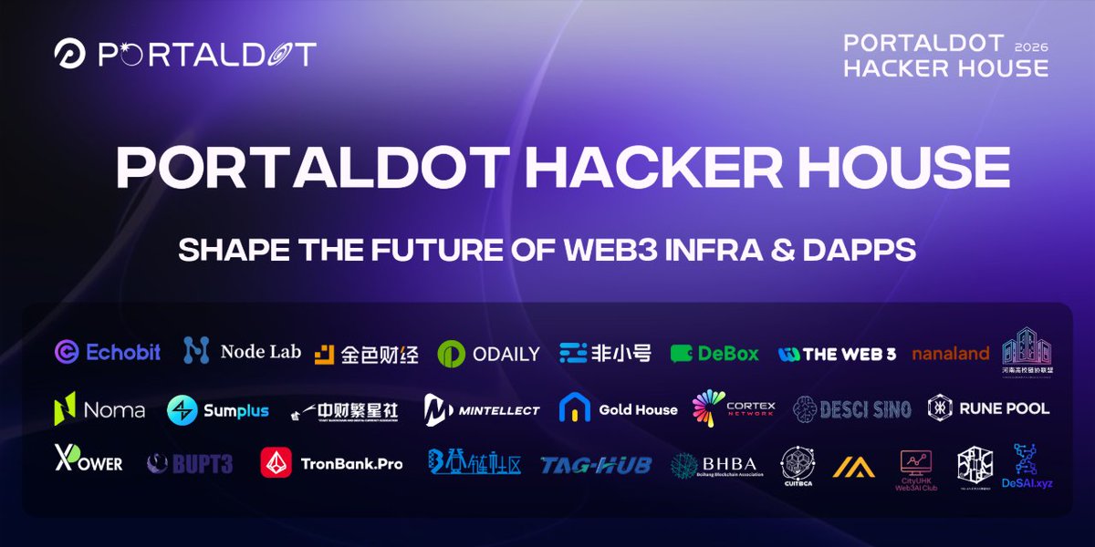 PortaldotL0's tweet photo. Portaldot Hacker House 2026 is made possible with the support of our partners.

We are proud to have the support of the teams, organizations and media partners joining this edition of the Hacker House, contributing to a stronger environment for developers to build, experiment, and bring new ideas to life.

Meet the partners supporting Portaldot Hacker House 2026:
@EchobitExchange @NodeLab_ @JinseFinance @OdailyChina @feixiaohaocom @DeBox_Social @0xtheweb3 @HNUBA_CN @noma_network @Mintellect_AI @goldhousedotcc @Cortex_Network_  @cufeba888 @DesciSino @RunePoolBTC @XPowerFinance @BUPT3DAO @TronBankPro @UpchainDAO @OfficialRUChain @cuitbca2020 @Matrix__Chain @cityuhkweb3ai 

Thank you for being part of Portaldot Hacker House 2026.

Registration is now open. Join Portaldot Hacker House 2026 and turn your idea into something real.
https://t.co/rrvv9ucDdn
Let’s build.

https://t.co/vzpAy0dBb0
