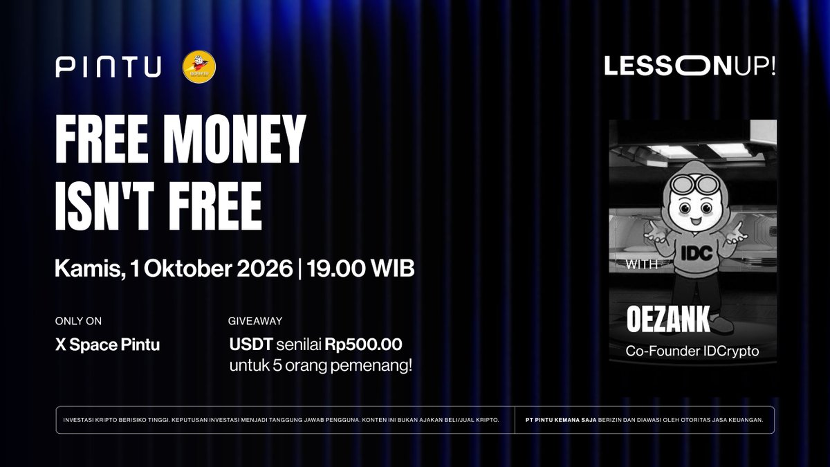 PintuID's tweet photo. Hi teman Pintu!
Community LessonUp balik lagi. Besok malam bareng Oezank, co-founder ID Crypto kita bahas bareng gimana cara terhindar dari airdrop bodong dan scam.

🗓️: BESOK, 1 Oktober 2026 | 19.00 WIB
📍: Live di X Space Pintu
🎁: Total hadiah Rp500.000 dalam $USDT untuk 5 pemenang

Mau ikutan? Gampang:
1. Reply tweet ini dengan pertanyaan kamu seputar ID Crypto, airdrop, crypto phising & scam
2. Sertakan username Pintu kamu
3. Pakai hashtag #LessonUpwithIDCrypto

Pertanyaan terpilih dibacain langsung di Space. Ditutup pas Space mulai.

#AplikasiPintu