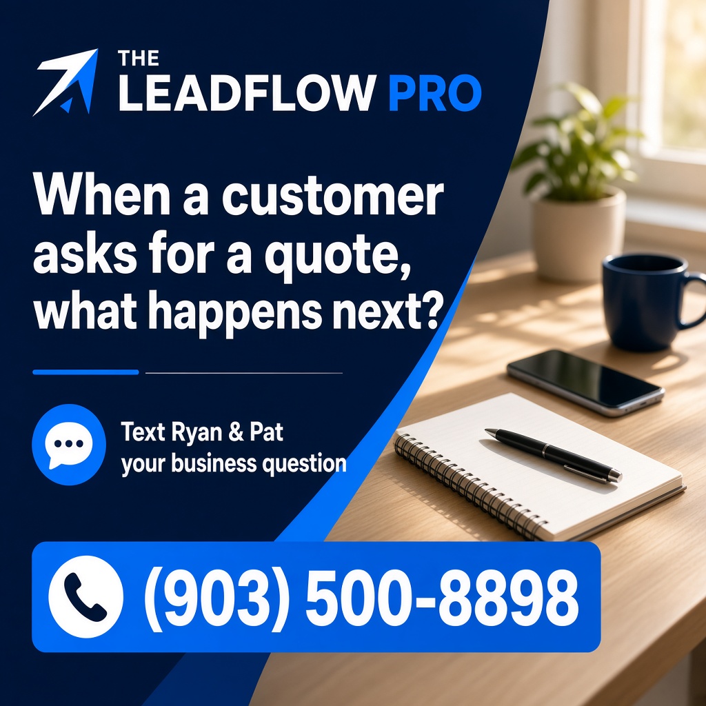TheLeadFlowPro's tweet photo. When a customer asks for a quote, what happens next?

Ryan and Pat here. Text your business name + question to (903) 500-8898. https://t.co/DBLJ4Dd3Zj