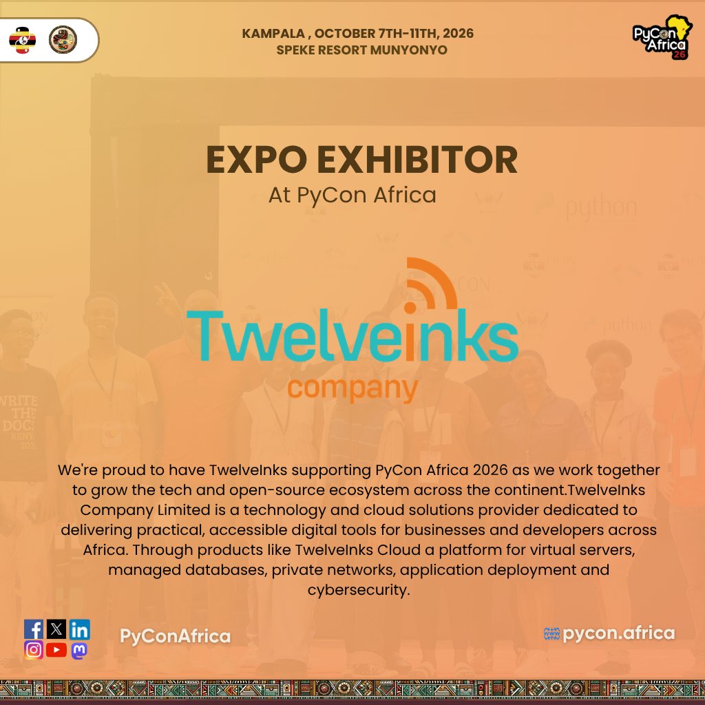 pyconafrica's tweet photo. Meet Twelveinks - exhibiting at PyCon Africa 2026, and homegrown right here in Kampala.  @Twelveinks

A Kampala-based IT company handling hosting, domains, servers, and security for businesses across Uganda. Local hosts, literally.

Find them on the expo floor. October 7th–11th. https://t.co/uBZuGT0cow
