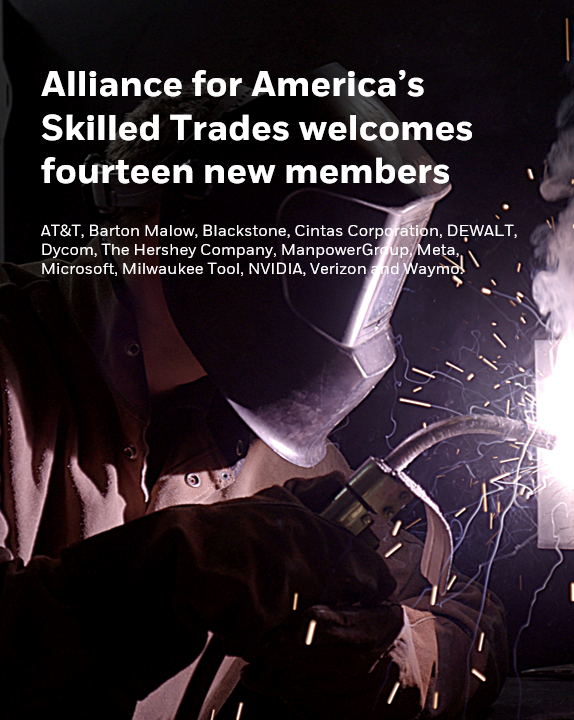 BlackRock's tweet photo. The Alliance for America’s Skilled Trades is growing. Fourteen new members join BlackRock, @Carhartt, @Ford and @Google to help expand pathways into skilled trades careers across the country.

The Alliance is also releasing its first national report, taking a closer look at the challenges and opportunities facing America’s skilled trades workforce. The report finds the U.S. will need to fill an estimated 1.7 million skilled trades openings each year through 2035, while training programs produce just 55 workers for every 100 needed. https://t.co/mLi1H0vG6g 

@ATT, Barton Malow, @blackstone, @CintasCorp, @DEWALTtough, Dycom, The @HersheyCompany, @ManpowerGroup, @Meta, @Microsoft, @MilwaukeeTool, @nvidia, @Verizon and @Waymo