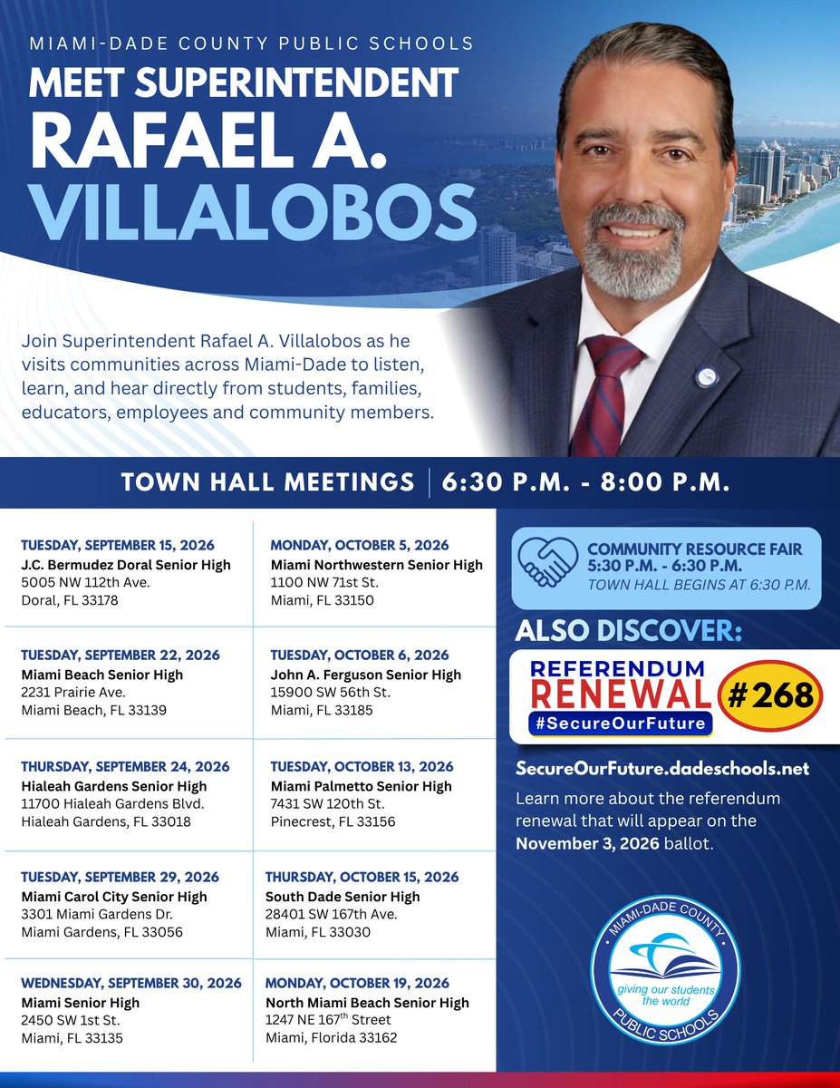 MDCPS's tweet photo. Have questions, ideas, or feedback about M-DCPS? Share them tonight during Superintendent Rafael A. Villalobos' town hall at Miami Senior High. The Community Resource Fair begins at 5:30 p.m., followed by the town hall at 6:30 p.m. #SecureOurFuture https://t.co/RfzuOOsAt9