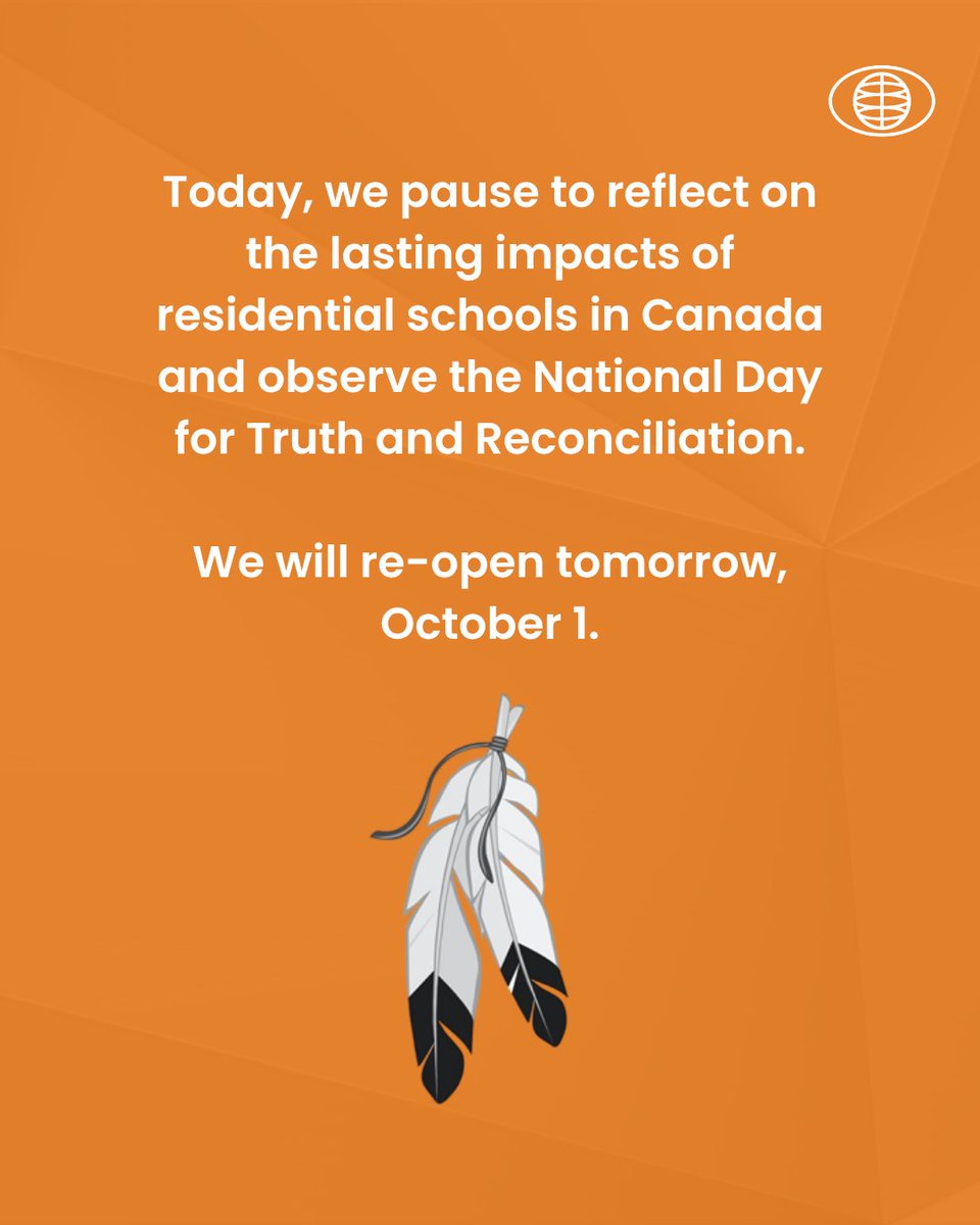 GPAinsights's tweet photo. Today, we pause to reflect on the lasting impacts of residential schools in Canada and observe the National Day for Truth and Reconciliation.

We will re-open tomorrow, October 1.

--

Aujourd’hui, nous prenons un moment pour réfléchir aux répercussions durables des pensionnats autochtones au Canada et souligner la Journée nationale de la vérité et de la réconciliation.

Nous rouvrirons demain, le 1er octobre.